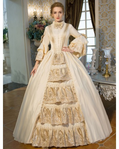 Women Victorian Dress Costume Retro Costumes Victorian Era Clothing Beige Long Flared Sleeves Ruffle Royal Costumes Dress Halloween Baroque