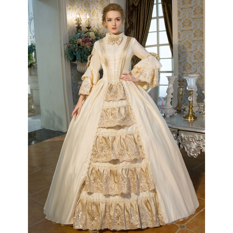 Women Victorian Dress Costume Retro Costumes Victorian Era Clothing Beige Long Flared Sleeves Ruffle Royal Costumes Dress Halloween Baroque