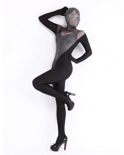 Unisex Black Lycra Spandex Two-Tone Sheer Zentai Suits