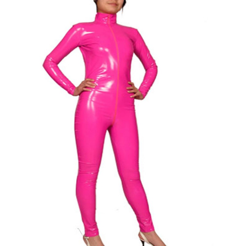 Pink Front Zipper Closure PVC Catsuit Bodysuit