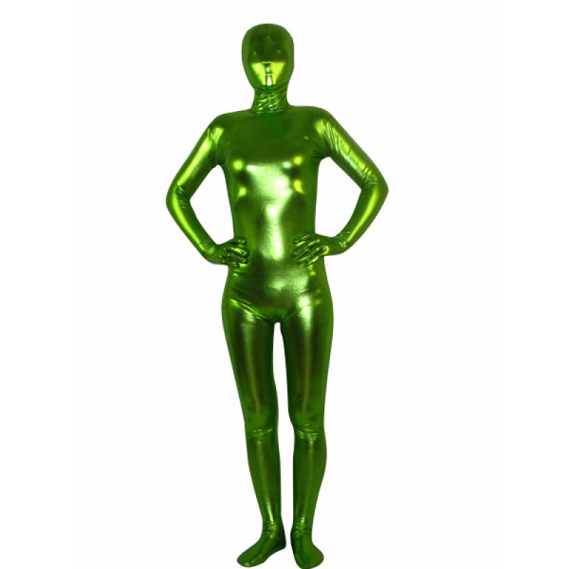 Unisex Halloween Green Shiny Metallic Zentai Suit Solid