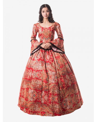 Women Victorian Dress Costume 's Ture Red Trumpet Long Sleeves Ruffle Floral Print Victorian Era Style Set Vintage Clothing Halloween Sets Victorian Era