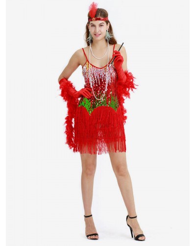 1920s Fashion Style Flapper Dress Red Sequin Fringe Great Gatsby Strap Women Vintage Costume 20s Party Dress Mardi Gras Halloween