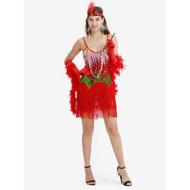 1920s Fashion Style Flapper Dress Red Sequin Fringe Great Gatsby Strap Women Vintage Costume 20s Party Dress Mardi Gras Halloween