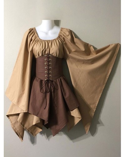 Medieval Vintage Dress Brown Layered Long SleevesHalter Swing Dress Prom Dress Euro-Style Middle Ages Holiday