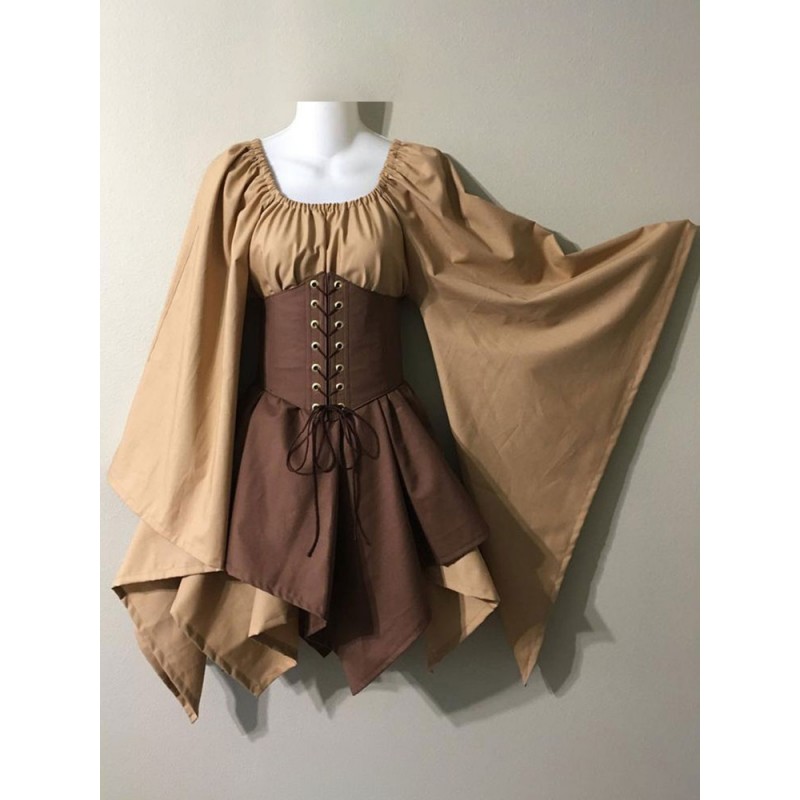 Medieval Vintage Dress Brown Layered Long SleevesHalter Swing Dress Prom Dress Euro-Style Middle Ages Holiday