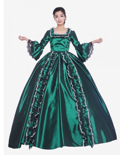 Women Victorian Dress Costume 's Dark Green Trumpet Short Sleeves Square Neckline Ball Gown Victorian Era Style Vintage Clothing Halloween Sets Victorian Era