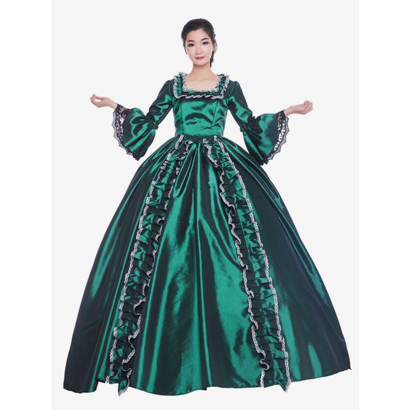 Women Victorian Dress Costume 's Dark Green Trumpet Short Sleeves Square Neckline Ball Gown Victorian Era Style Vintage Clothing Halloween Sets Victorian Era