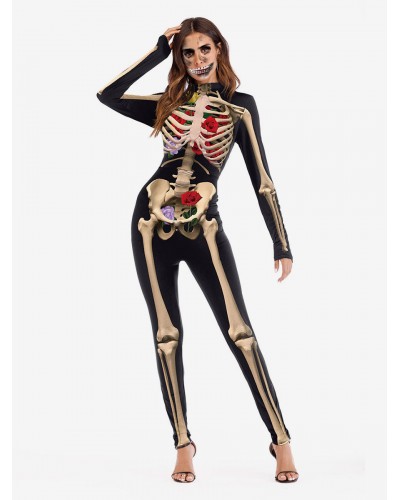 Skeleton And Flower Print Bodysuit Long Sleeve Skinny Catsuit Sets