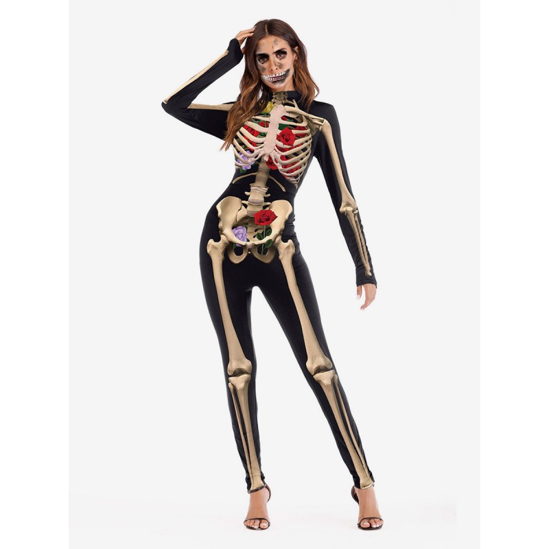 Skeleton And Flower Print Bodysuit Long Sleeve Skinny Catsuit Sets