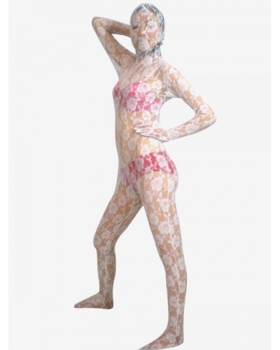 Unisex Halloween Morph Suit White Transparent Lace Velvet Jacquard Zentai Suit