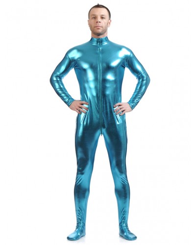 Men Light Sky Blue Adults Bodysuit Shiny Metallic Catsuit For Solid