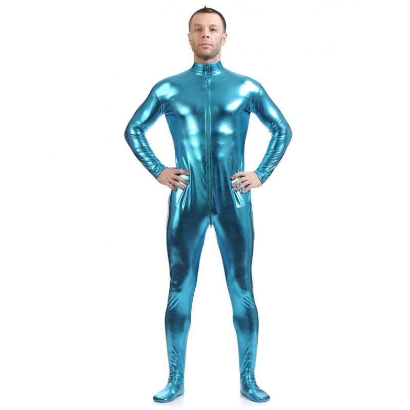 Men Light Sky Blue Adults Bodysuit Shiny Metallic Catsuit For Solid