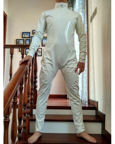 Unisex Halloween Cream White PVC Front Open Shiny Metallic Catsuit Solid