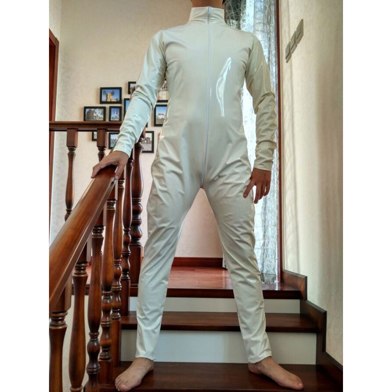 Unisex Halloween Cream White PVC Front Open Shiny Metallic Catsuit Solid