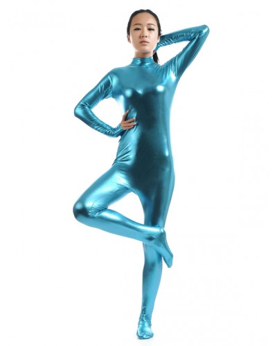 Women Water Blue Adults Bodysuit Cosplay Jumpsuit Shiny Metallic Catsuit Solid