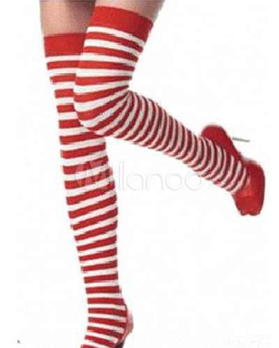 Women Halloween Red Stockings Stripes Print Over-The-Knee Cosplay Stockings