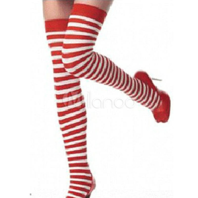 Women Halloween Red Stockings Stripes Print Over-The-Knee Cosplay Stockings