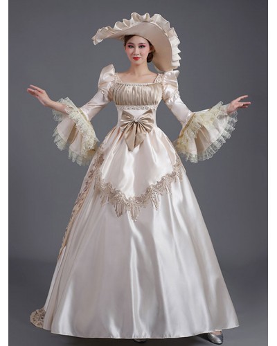 Women Champagne Retro Costumes Ruffles Polyester Hat 's Marie Antoinette Costume Party Prom Dress Tunic Vintage Euro-Style