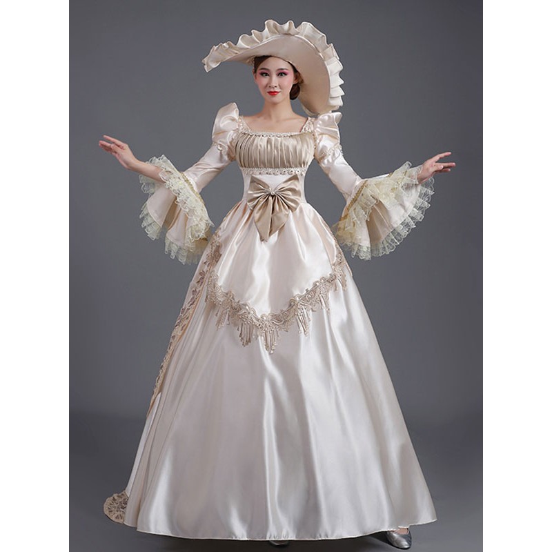 Women Champagne Retro Costumes Ruffles Polyester Hat 's Marie Antoinette Costume Party Prom Dress Tunic Vintage Euro-Style