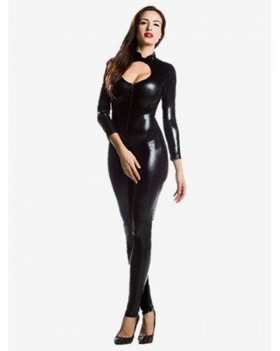 Black Adults Bodysuit Sexy Chest Hollowed-out Shiny Metallic Catsuit For Women