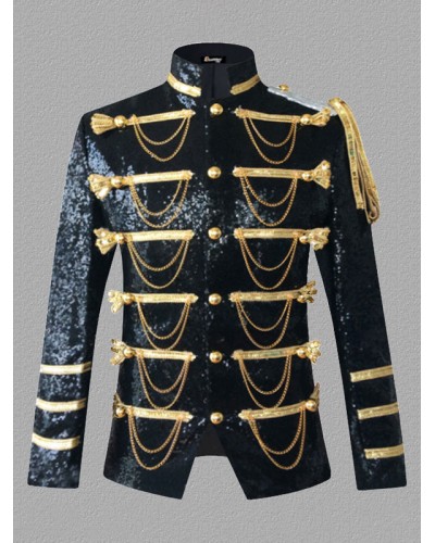 Men Silver Top Sequins Chains Long Sleeves Polyester Polyester Fiber Overcoat Retro Costumes For Man Tops Vintage Royal