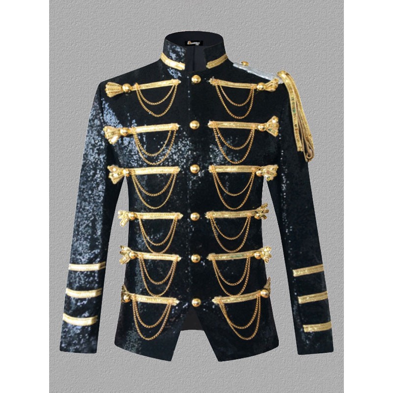 Men Silver Top Sequins Chains Long Sleeves Polyester Polyester Fiber Overcoat Retro Costumes For Man Tops Vintage Royal