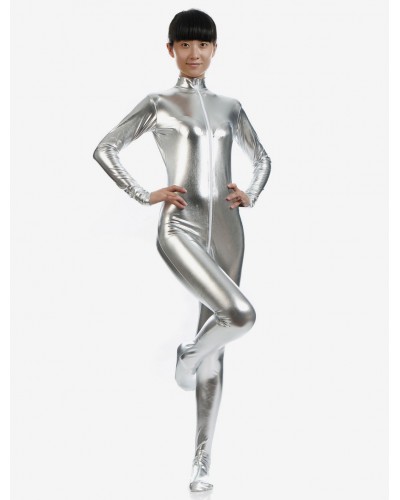 Unisex Silver Adults Bodysuit Cosplay Shiny Metallic Catsuit Solid