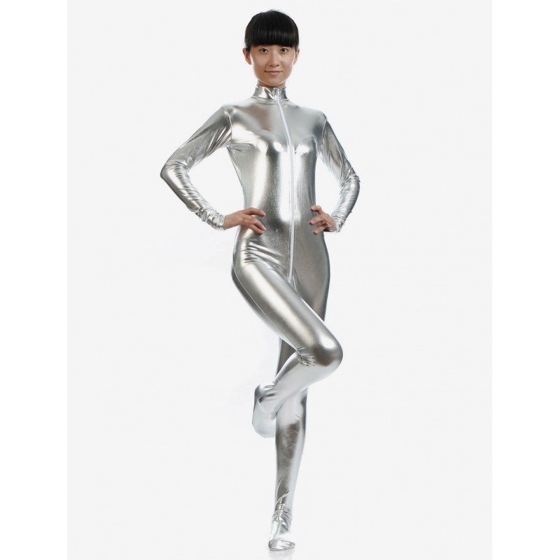 Unisex Silver Adults Bodysuit Cosplay Shiny Metallic Catsuit Solid