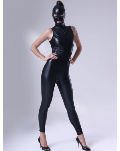 Black Shiny Metallic Catsuit For Women