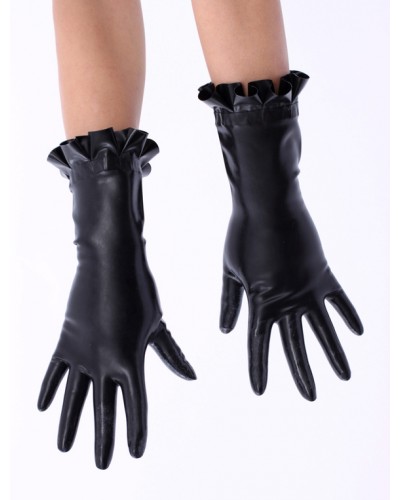 Women Black Ruffled Trim Latex Gloves Halloween