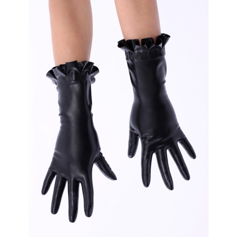 Women Black Ruffled Trim Latex Gloves Halloween