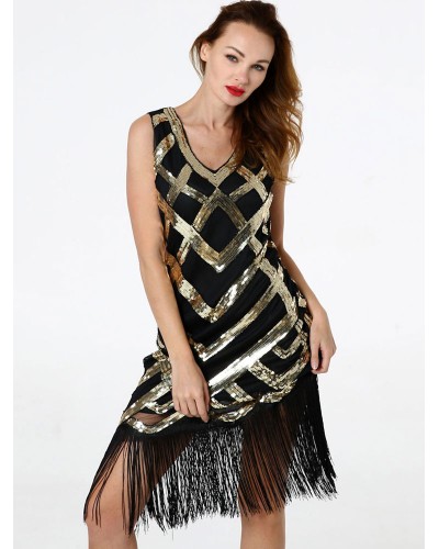 Black Flapper Dress Sequined Fringe 1920s Fashion Style Great Gatsby 20s Party Dress Mardi Gras Halloween Ball Homecoming