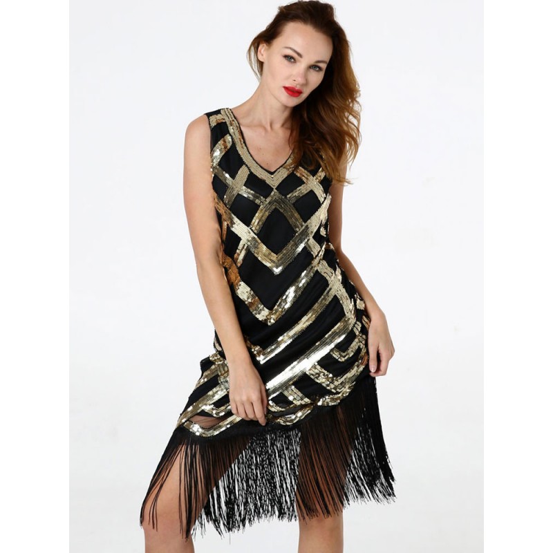 Black Flapper Dress Sequined Fringe 1920s Fashion Style Great Gatsby 20s Party Dress Mardi Gras Halloween Ball Homecoming