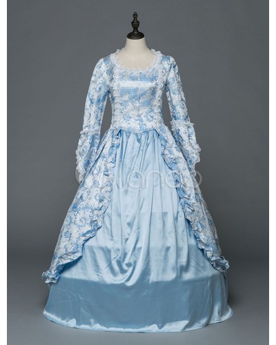 Women Retro Costume Halloween Rococo Victorian Dresses Lace Vintage Light Blue Long Sleeve Ball Gowns Sets ROCOCO