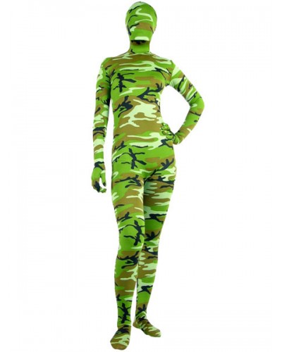 Unisex Halloween Green Camouflage Catsuit Zentai Lycra Spandex Halloween Bodysuit