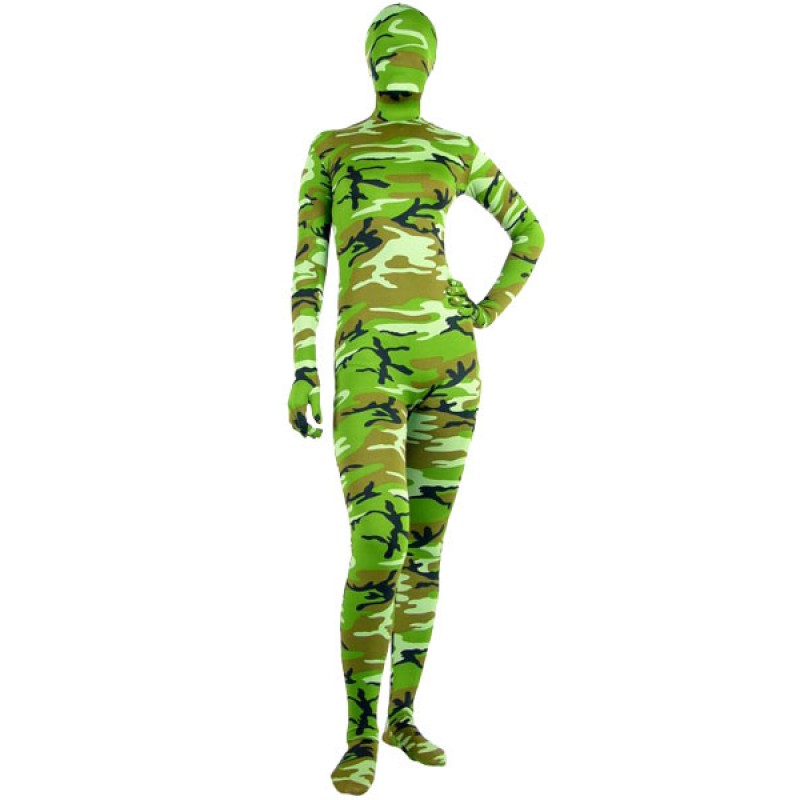 Unisex Halloween Green Camouflage Catsuit Zentai Lycra Spandex Halloween Bodysuit