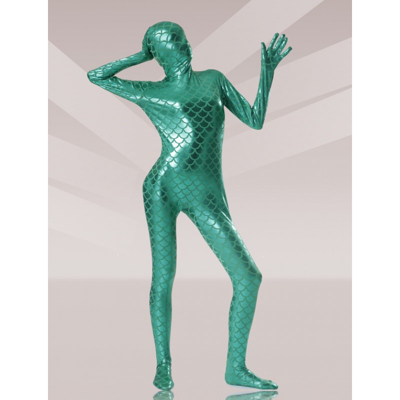 Green Fish Scale Shiny Metallic Zentai Suit