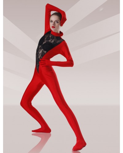 Red And Black Lycra Lace Zentai Catsuit