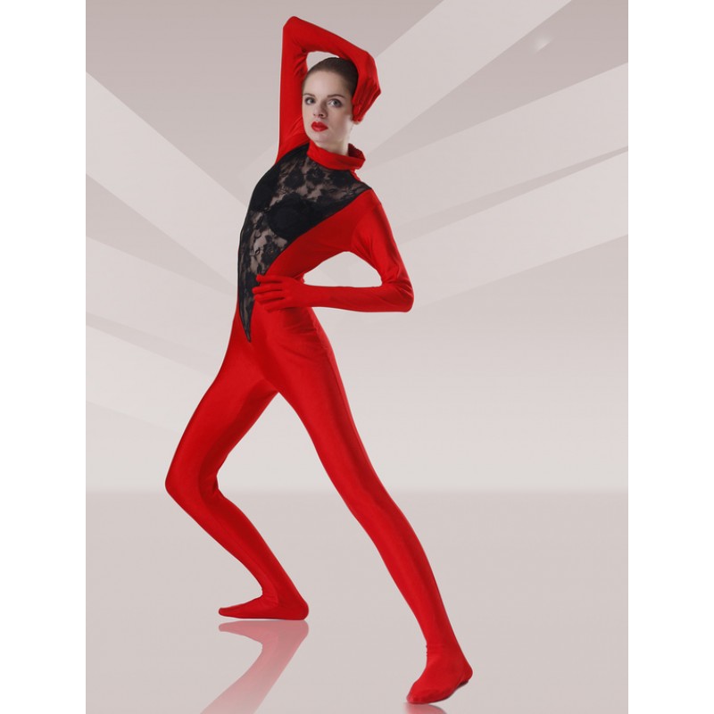 Red And Black Lycra Lace Zentai Catsuit