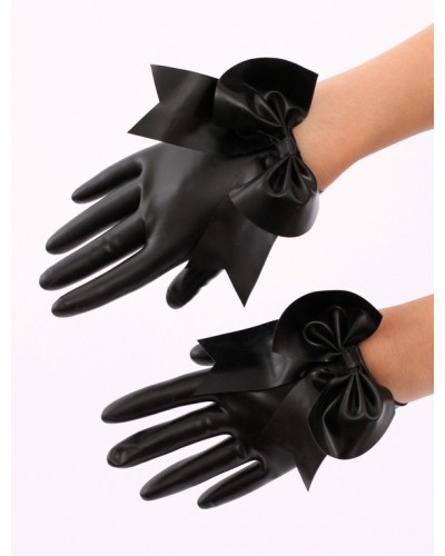 Women Black Big Bow Latex Gloves Halloween