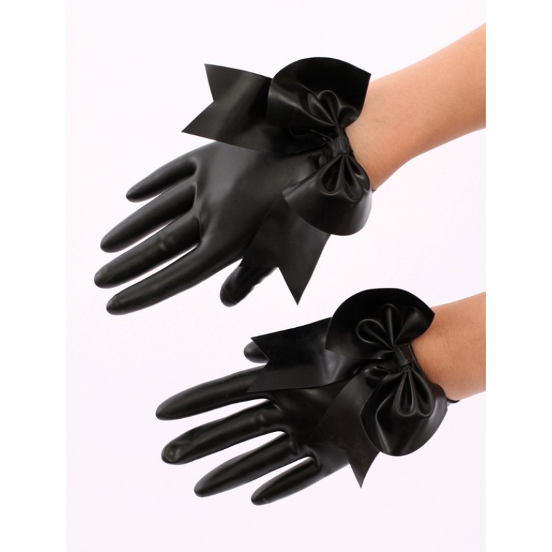 Women Black Big Bow Latex Gloves Halloween