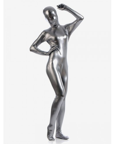 Unisex Silver Zentai Suit Adults Full Body Shiny Metallic Bodysuit Solid