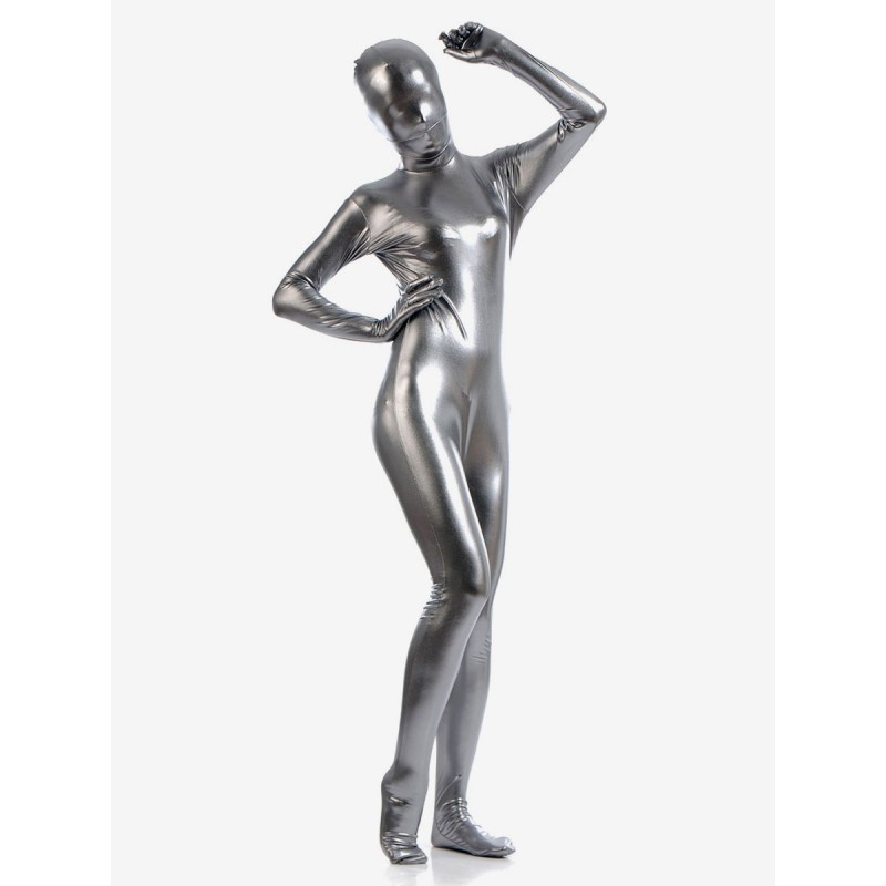 Unisex Silver Zentai Suit Adults Full Body Shiny Metallic Bodysuit Solid