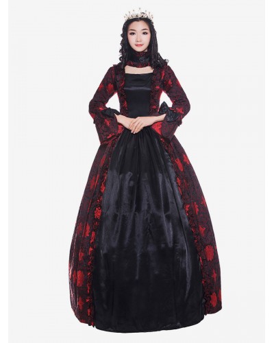 Women Victorian Dress Costume 's Dark Red Long Sleeves Square Neckline Flower Print Ball Gown With Choker Style Vintage Clothing Halloween Sets Victorian Era