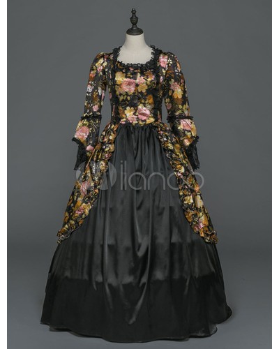 Women Retro Costume Halloween Black Rococo Victorian Dresses Floral Print Vintage Long Sleeve Ball Gowns Sets ROCOCO