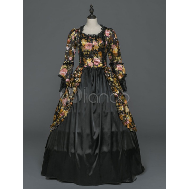 Women Retro Costume Halloween Black Rococo Victorian Dresses Floral Print Vintage Long Sleeve Ball Gowns Sets ROCOCO