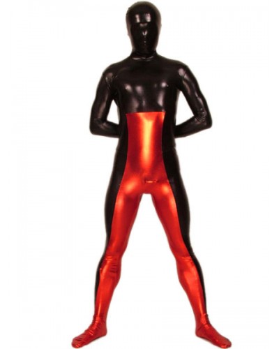 Morph Suit Red And Black Split Color Shiny Metallic Fabric Zentai Suit Unisex Full Body Suit Bodysuit Patterned