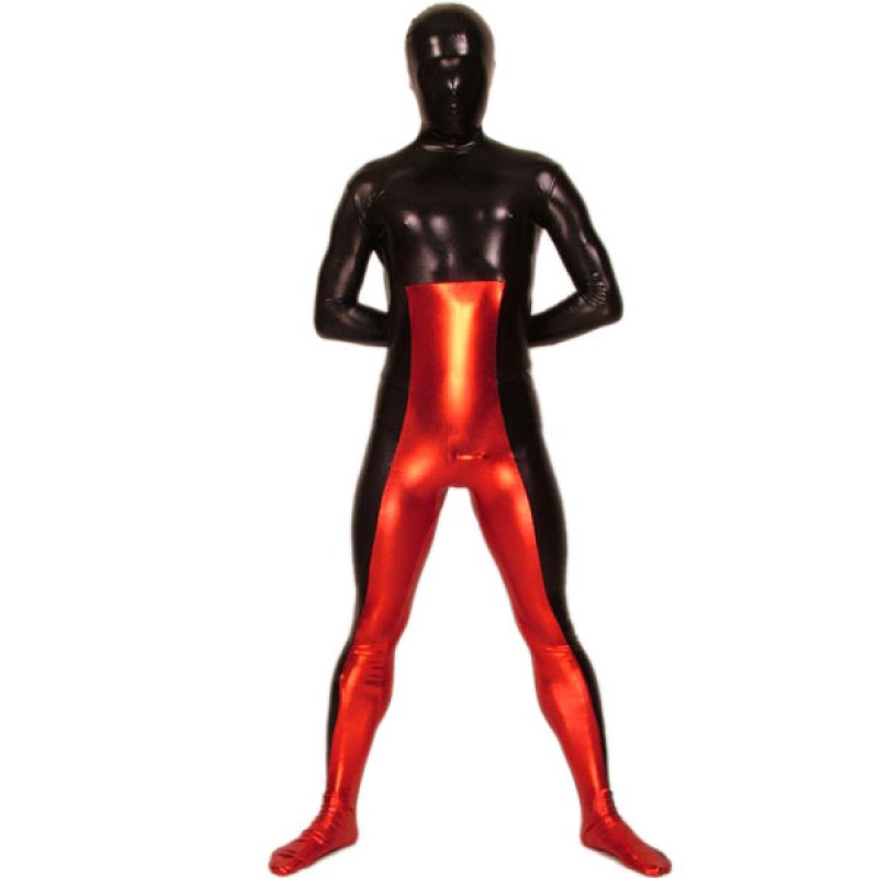 Morph Suit Red And Black Split Color Shiny Metallic Fabric Zentai Suit Unisex Full Body Suit Bodysuit Patterned