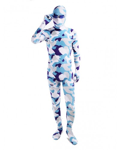 Unisex Blue White Camouflage Lycra Spandex Full Body Zentai Suit Halloween Holiday